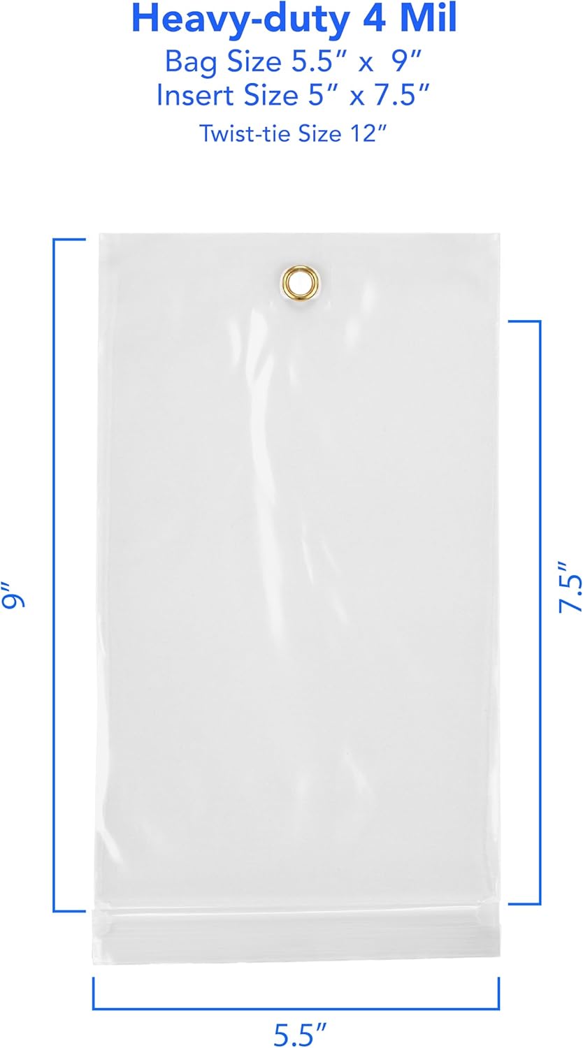 GPI - 5.5" x 9" Reclosable Zip Bags with Bottom Hang-hole & Pre-inserted 12" Twist-tie. 4 Mil Heavy-duty Resealable Zipper Baggy with Grommet/Metal Eyelet for Hanging (Insert Size 5x7.5) 500 Pack