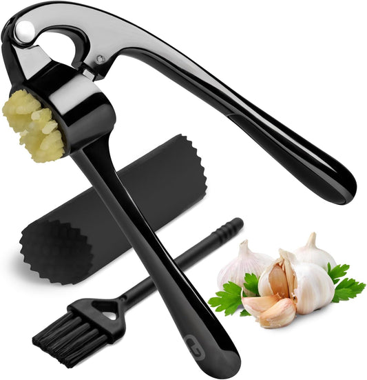 GD Garlic Press Crusher Mincer Tool - Stainless Steel Garlic Press, Dishwasher Safe & Rust Proof, Easy-Squeeze Garlic Crusher with Ergonomic Handle - Includes Silicone Peeler & Brush (Black)