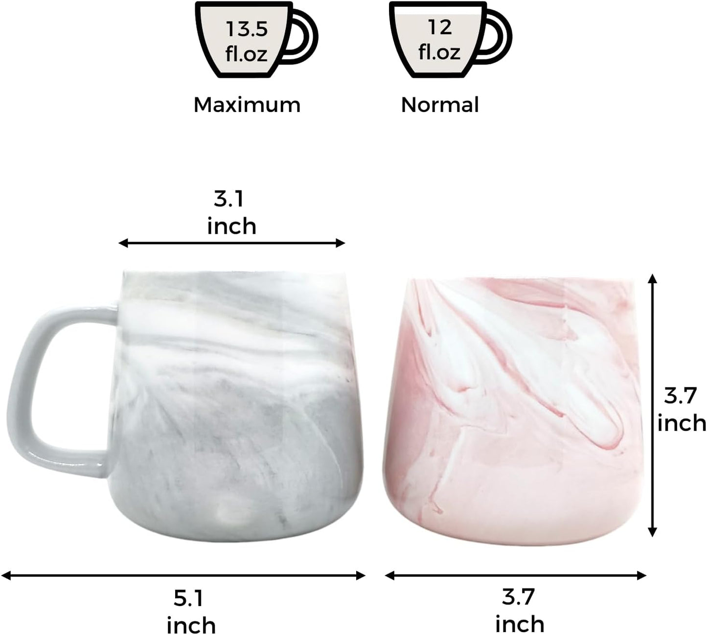 Ceramic Coffee Mug Set of 2, Gray and Pink Marble Pattern Procelain Couple Mugs, Stoneware Matching Cups, Dishwasher Safe, Microwave Safe, 13 oz