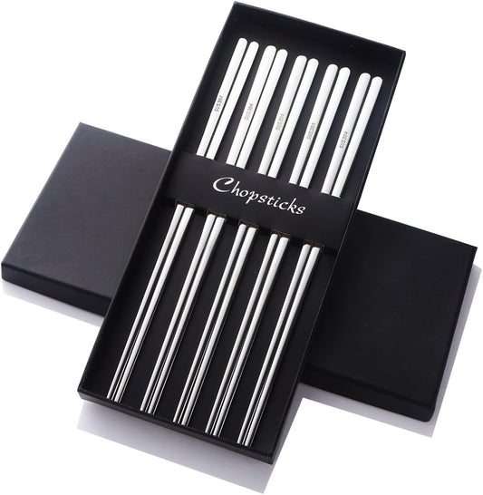 Buyer Star 5 Pairs Silver Flat Chopsticks - Reusable Metal Stainless Steel Chinese Chopsticks Set with Case