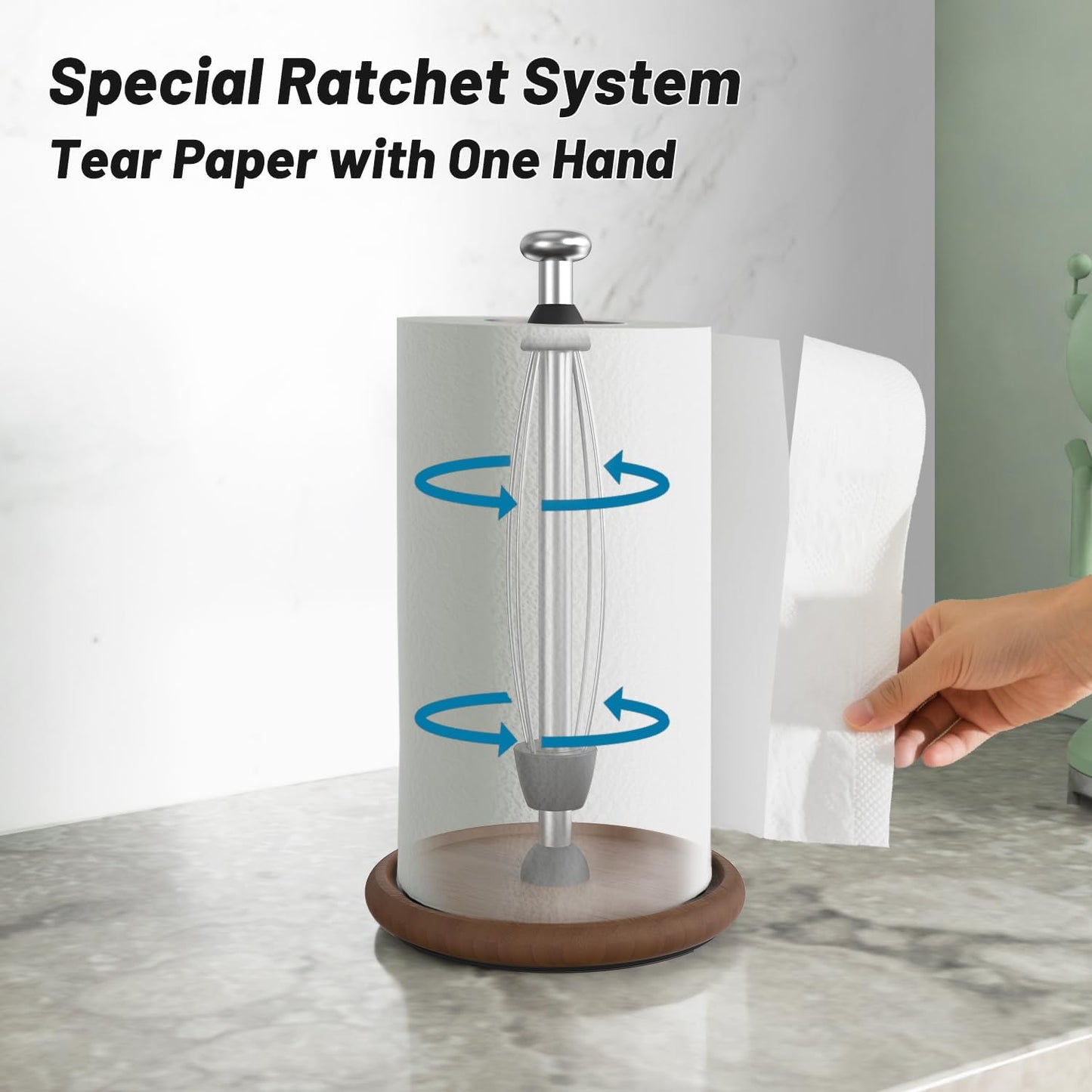 VEHHE Wooden Paper Towel Holder Countertop with Weighted Base, One-Handed Tear Paper Towel Holder Stand with Damping Function and EVA Non-Slip Pad, for Kitchen Bathroom Farmhouse