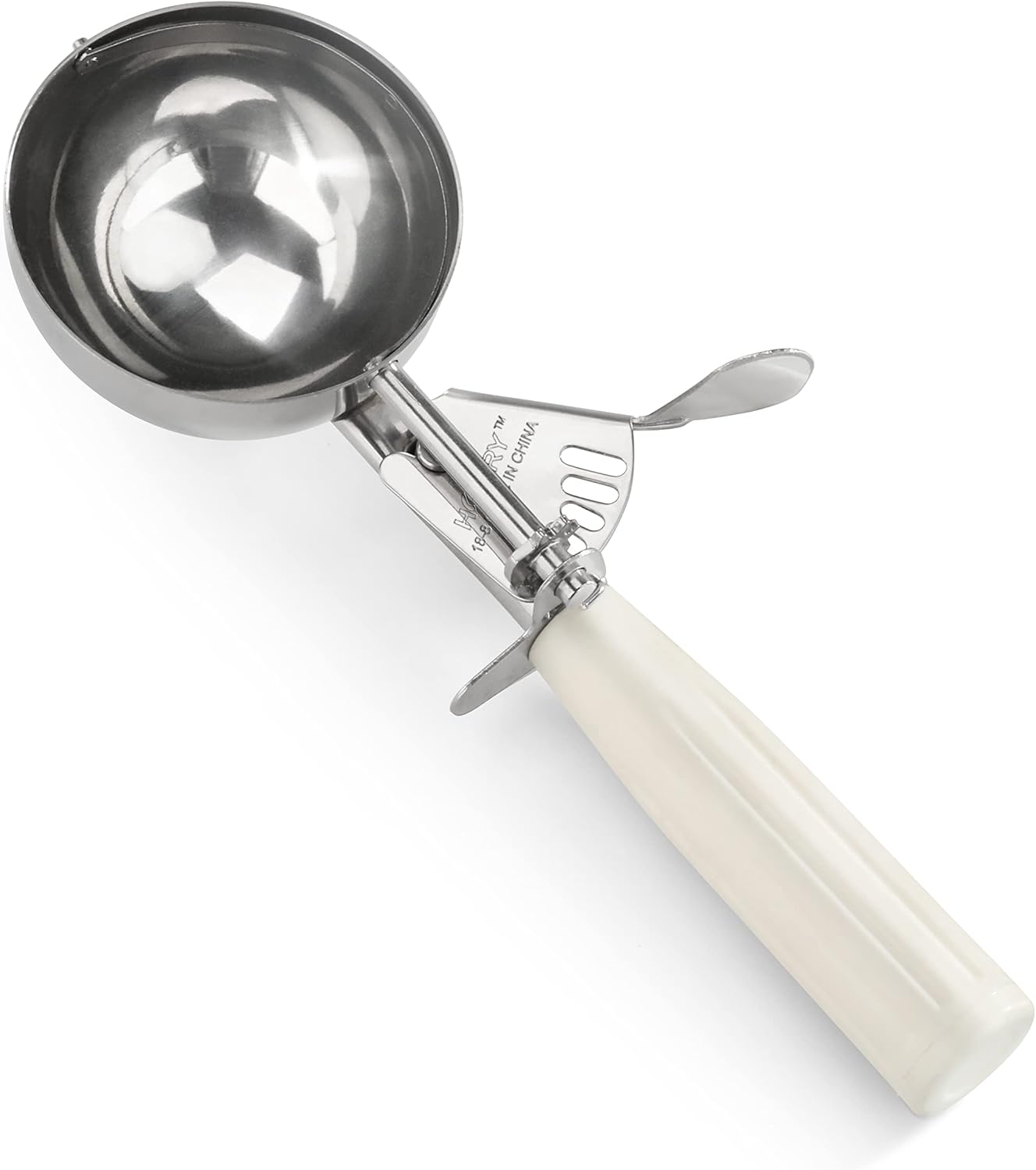 New Star Foodservice 34745 Commercial-Grade Thumb Press Food Disher/Ice Cream Scoop, 18/8 Stainless Steel, 4.67 oz, Size 6, White