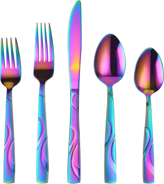 Rainbow Stainless Steel Flatware Set for 6, Ergonomic Silverware Set with Fork Spoon Knife, 30-piece Colorful Cutlery Tableware Set - Dishwasher Safe