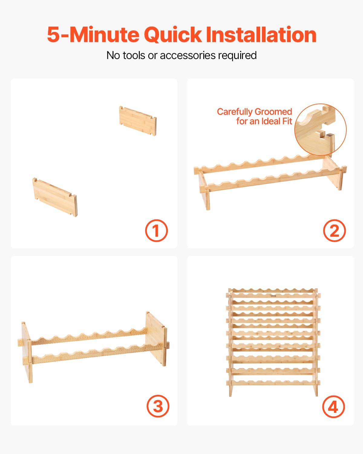VEVOR Stackable Modular Wine Rack, 8-Tier 72 Bottles, Freestanding Wines Holder Display Shelf, Solid Bamboo Wood Storage Racks, Wobble-Free Shelves for Kitchens, Dining Rooms, Cellars, Natural Color