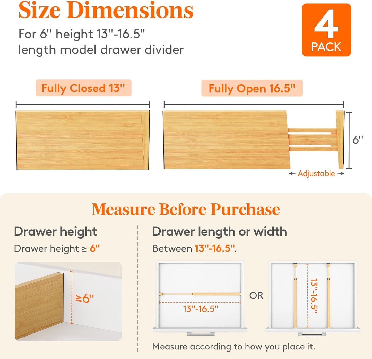 Lifewit 4 Pack 6" Deep Bamboo Drawer Dividers, 13-16.5" Expandable Drawer Organisers for Clothes, Adjustable Dresser Drawer Divider, Clothing Drawers Separators for Dresser, Bedroom, Bathroom, Office