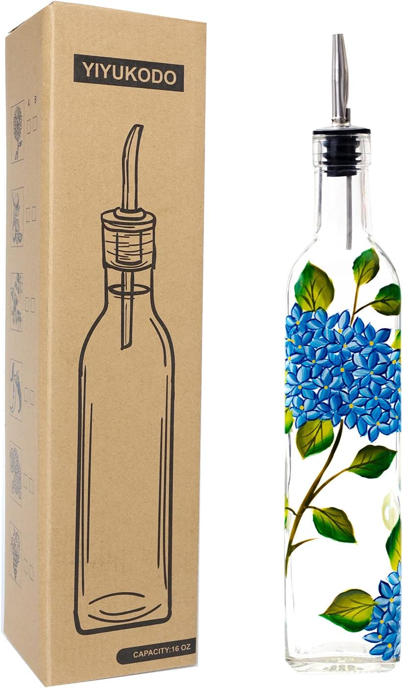 17oz Hand Painted Glass Olive Oil Bottle Dispenser - 500ml Green Oil & Vinegar Cruet with Pourers - Olive Oil Carafe Decanter for Kitchen (hydrangea)