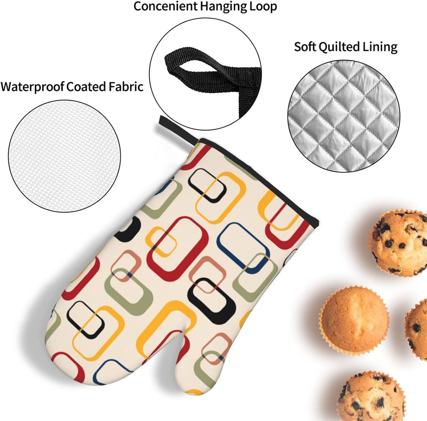 Mid Century Modern Retro Oven Mitts and Pot Holders Sets of 3 Vintage Decorative Heat Resistant Non Slip BBQ Gloves for Cooking Grilling Baking Kitchen Decor