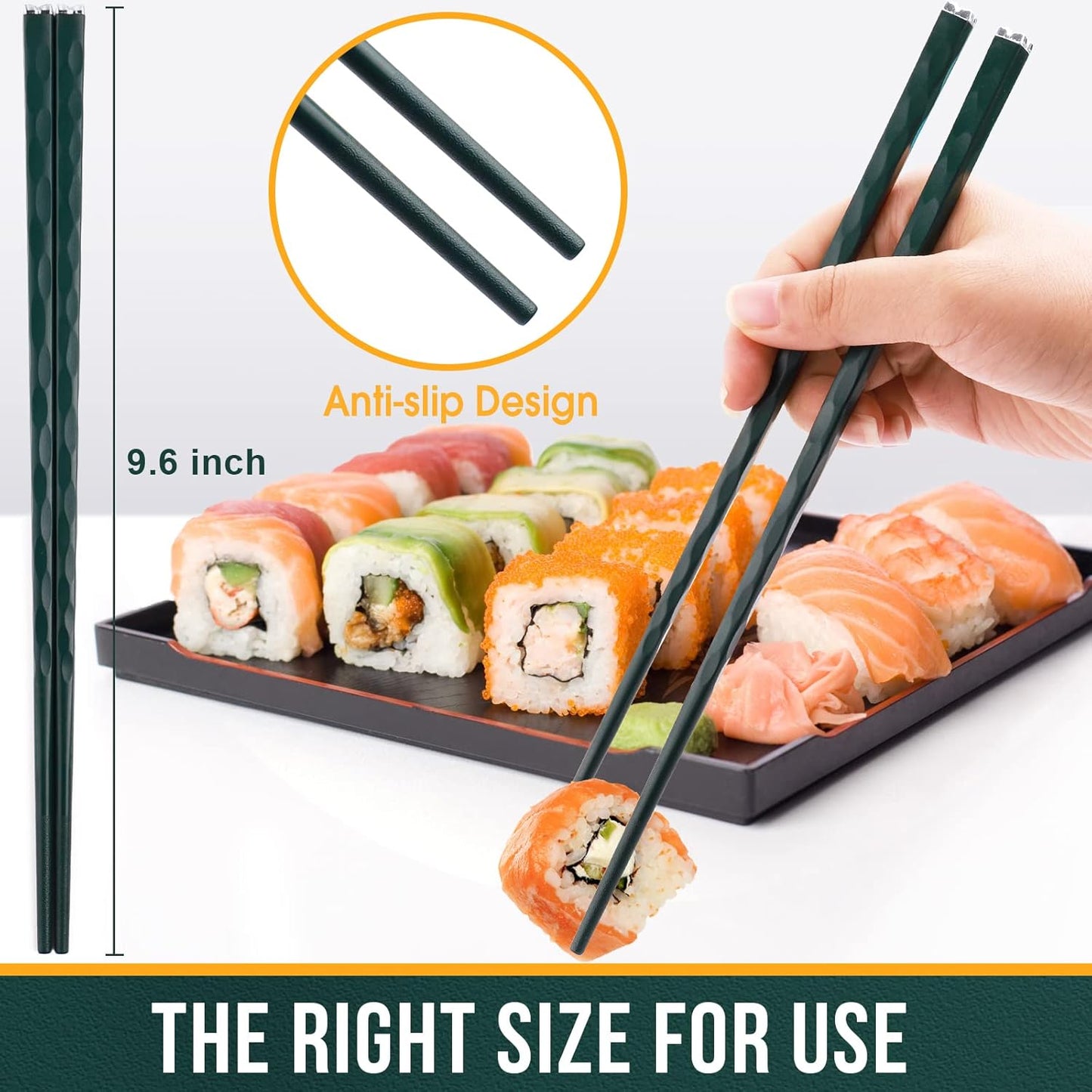 GLAMFIELDS 5 Pairs Chopsticks Reusable, Premium Fiberglass Chop sticks Dishwasher Safe for Sushi Ramen, Non-slip, 9 1/2 inches - Gift Set Green with Silver Plated