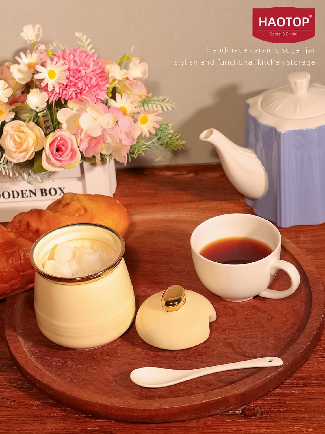 HAOTOP 12oz Sugar Bowl with Lid and Spoon,Simple Ceramic Sugar Jar Sugar Container Sugar Dispenser Coffee Bar Accessories, Modern Kitchen Countertop Canisters, Beige