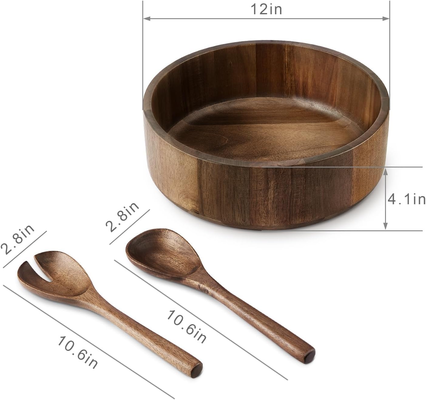 Wooden Salad Bowl, Black Walnut Wood Salad Bowl Set, 12 * 4.3 inch Large Natural Wooden with Fork and Spoon,Premium Eco-Friendly 346oz /10.8qt for Kitchen,Dining,Serving & Mixing Food