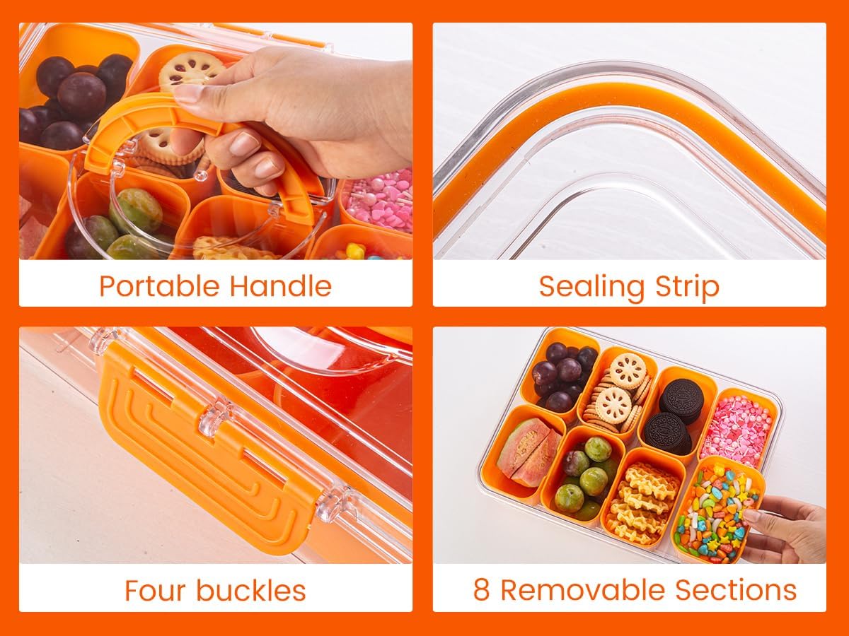 Divided Serving Tray with Lid and Handle - Snackle Box Charcuterie Container for Portable Snack Platters Organizer for Candy, Fruits, Nuts, Snacks - Perfect for Party, Entertaining, Orange