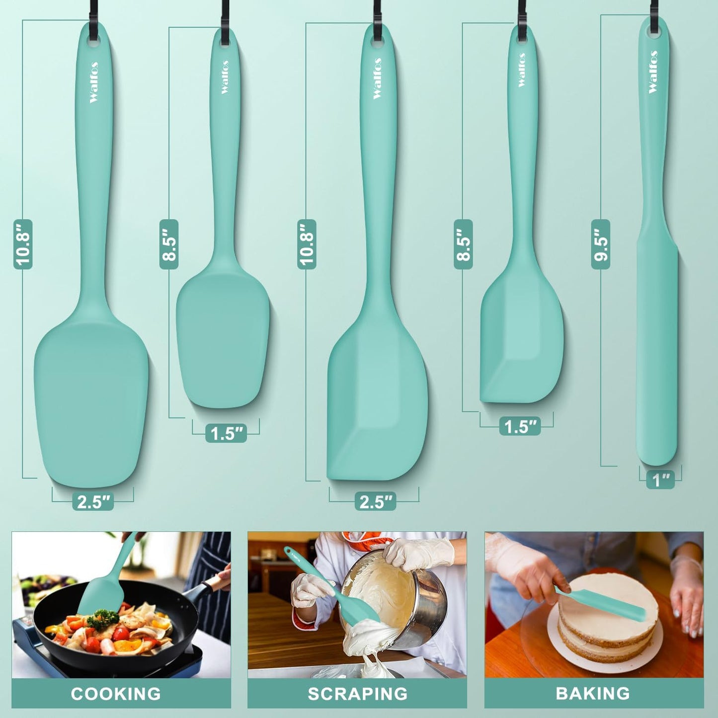 Walfos Silicone Spatula - 600°F High Heat Resistant Kitchen Spoon Spatulas（set of 5), Strong Steel Core and One-Pieces Design, For Cooking Mixing & Baking - BPA Free and Dishwasher Safe (Teal/Aqua)