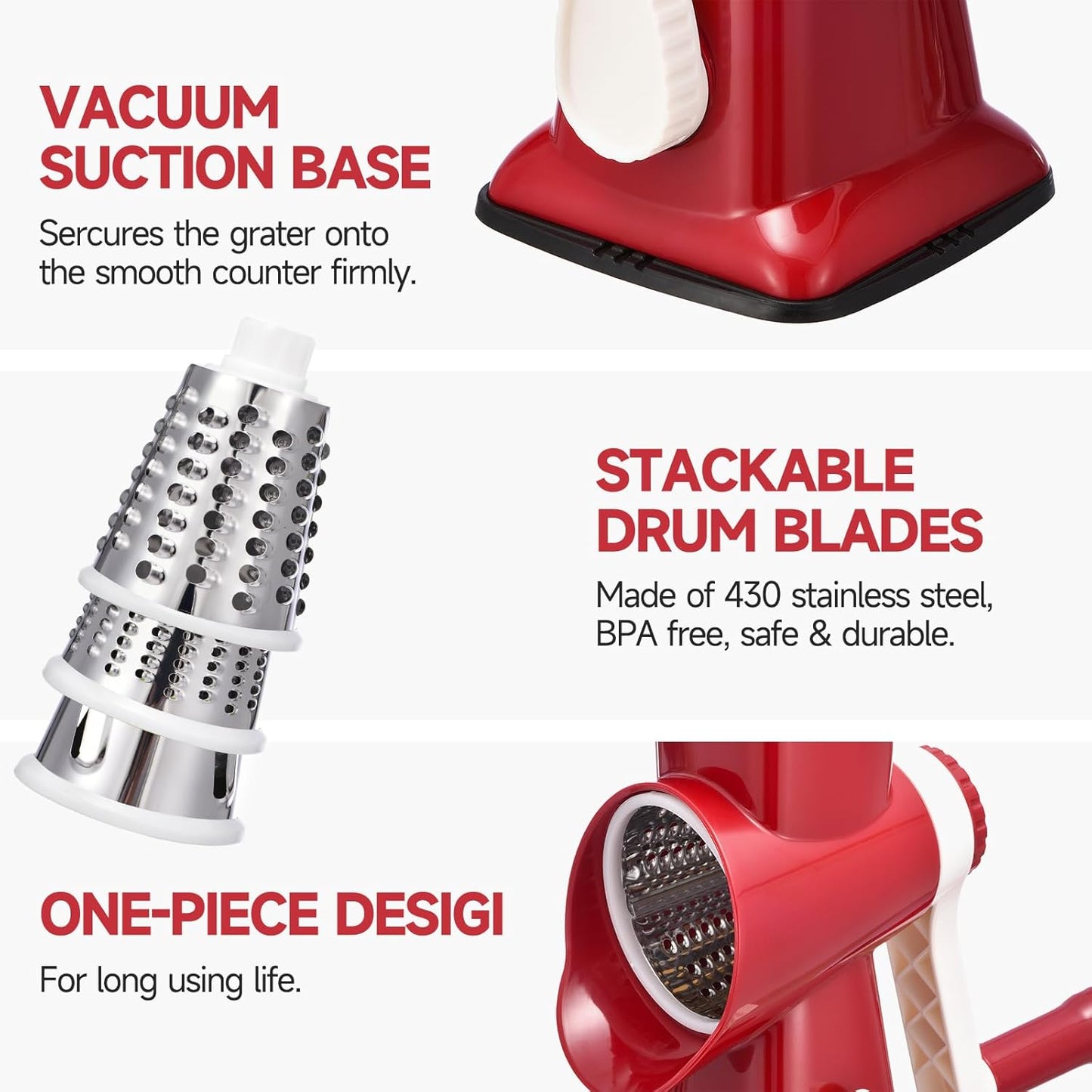 Rotary Cheese Grater Hand Crank Cheese Shredder Vegetable Mandoline Slicer for Kitchen 3 in 1 Changeable Blades for Cheese Potato Nuts Chocolate Ice (RedWhite)