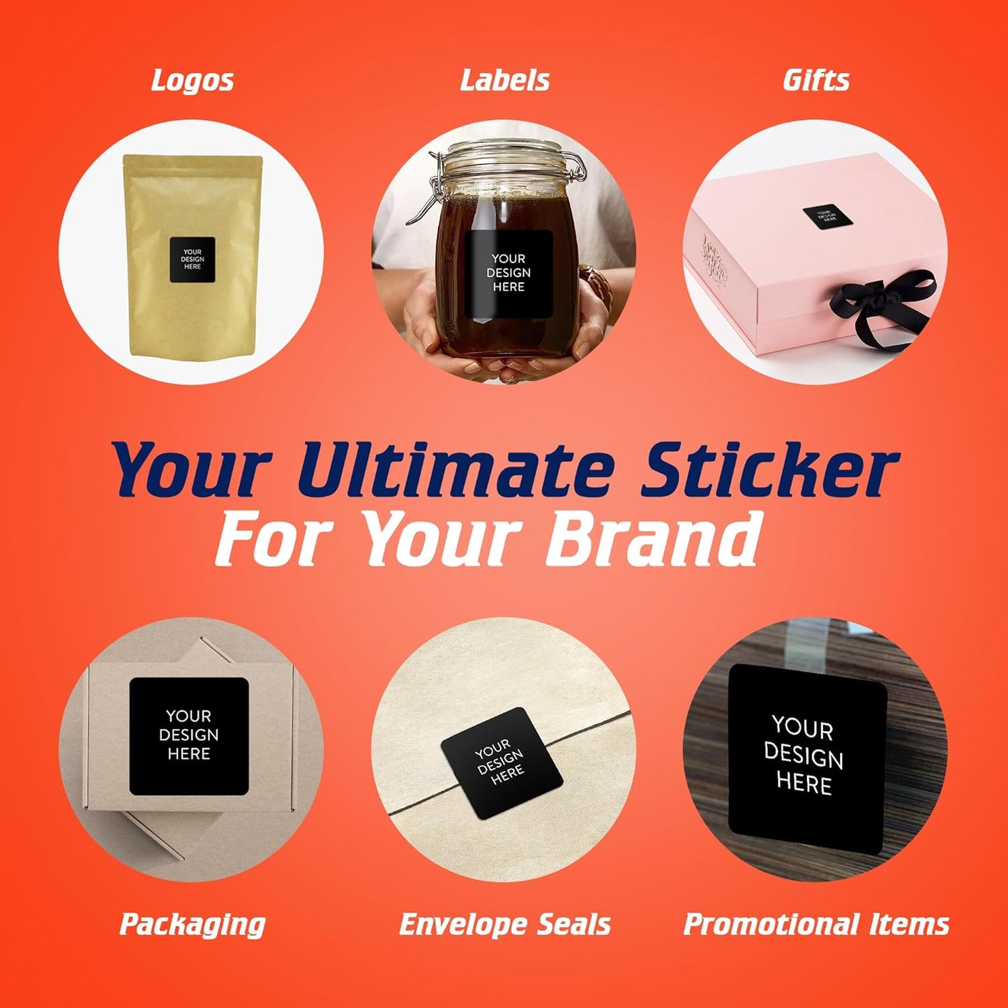 5-1000 Custom Vinyl Stickers - Upload Your own Image, Text, Design, Logo - Personalized Logo Labels for Handmade, Packaging, Bottle, Jars, Candle, Brand Stickers (Black, 2x2 Square)