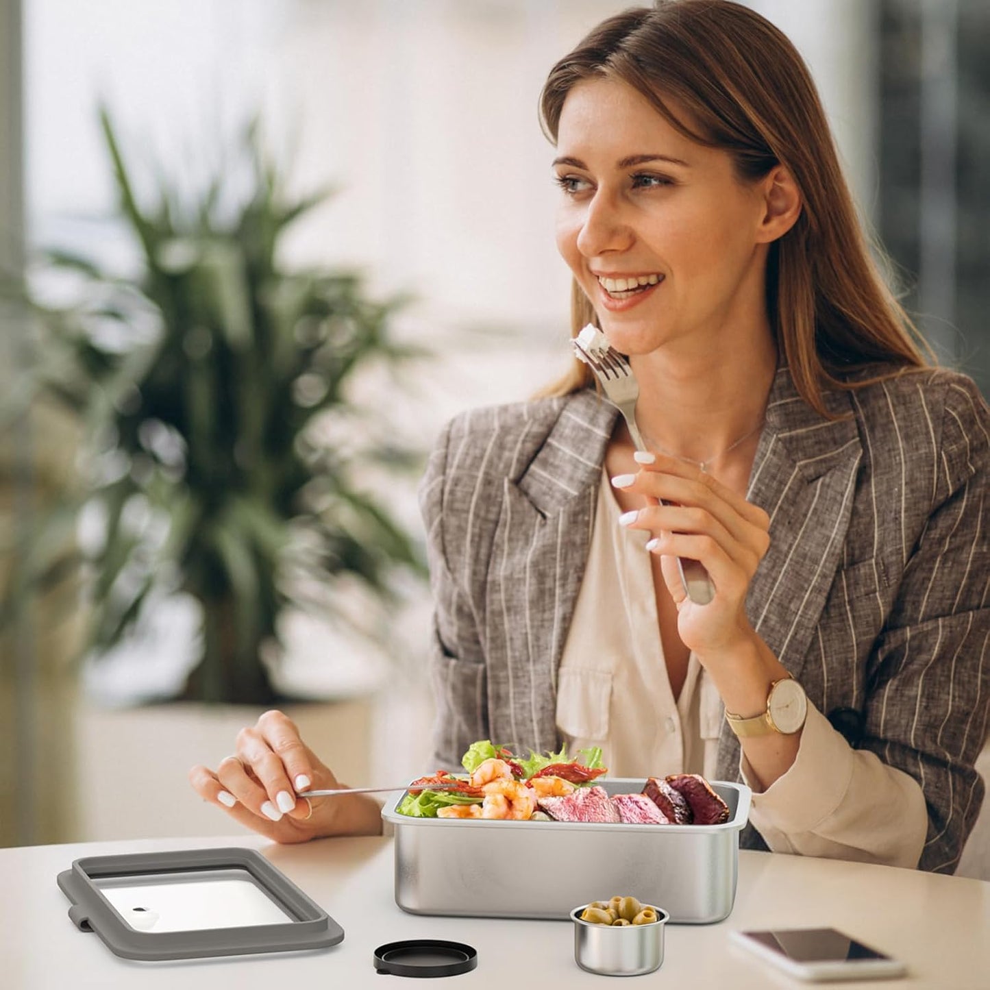 Stainless Steel Bento Box for Adult, 42oz Leak-Proof Lunch Box Containers with Adjustable Divider, Microwave-Safe, Metal Lunchbox with Glass Lid for Work Travel, Silver
