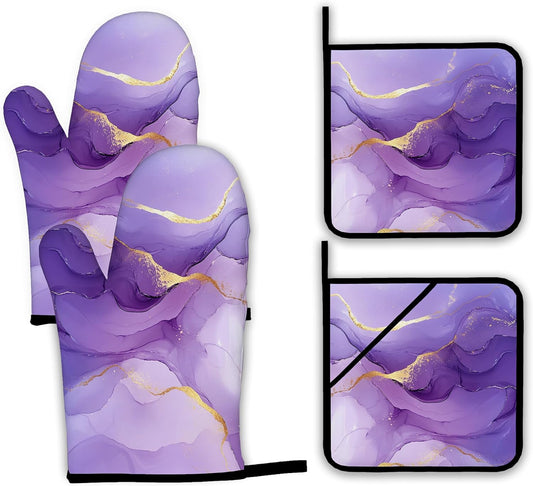 Marble Oven Mitts and Pot Holders Set,Purple Gold Marble Kitchen Decor Heat Resistant Non Slip Hot Pads and Oven Mitt for Chef Cooking Baking BBQ Mom Girl Gifts(4 Piece Set)
