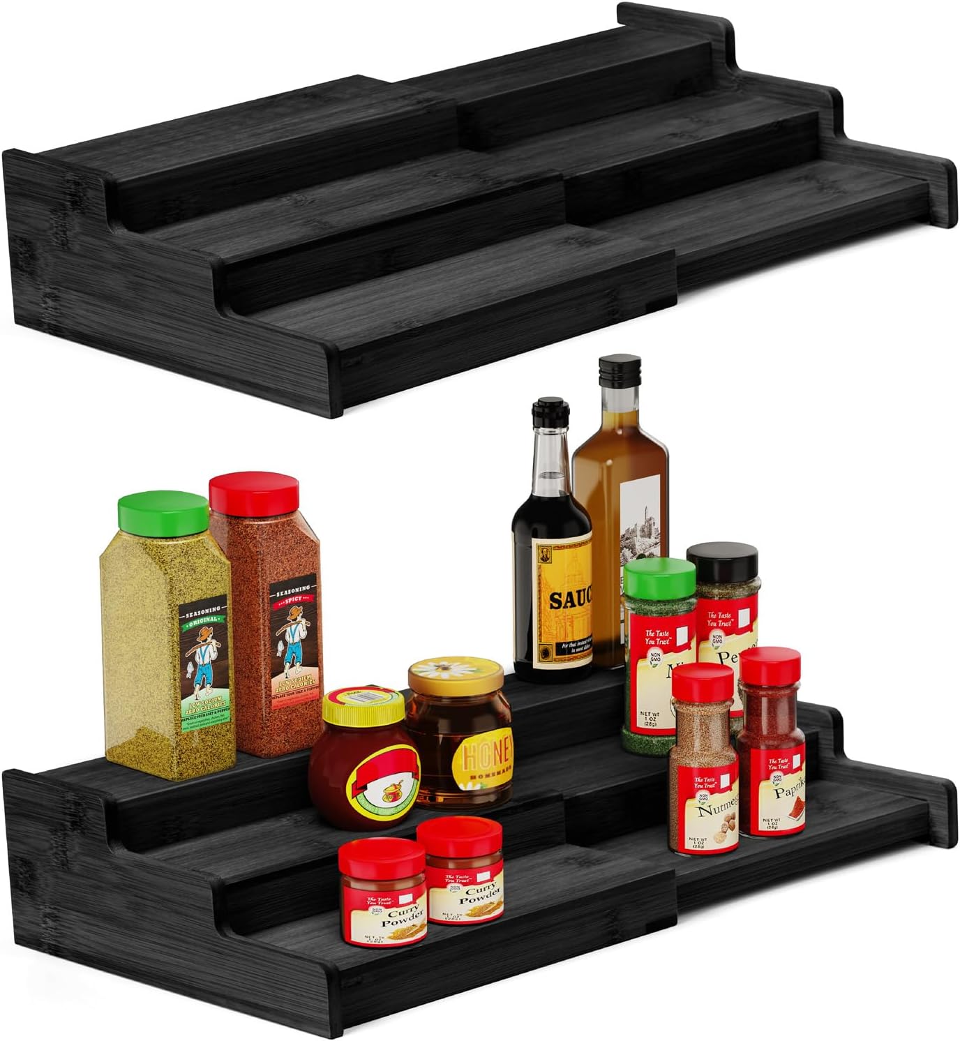 Spice Rack Organizer, 3 Tier Expandable Bamboo Spice Rack Organizer, Great for Kitchen Cabinet, Cupboard, Pantry and More-Black(2pack)