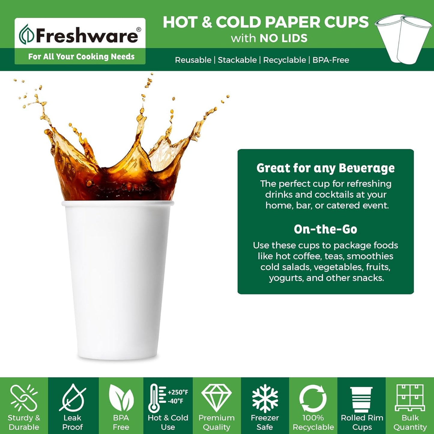 Freshware Coffee Cups 16 oz [300 Pack] Disposable Paper Cups for Hot or Iced Coffee Cup, Slushie Cup, Milkshakes, Smoothies, and Tea