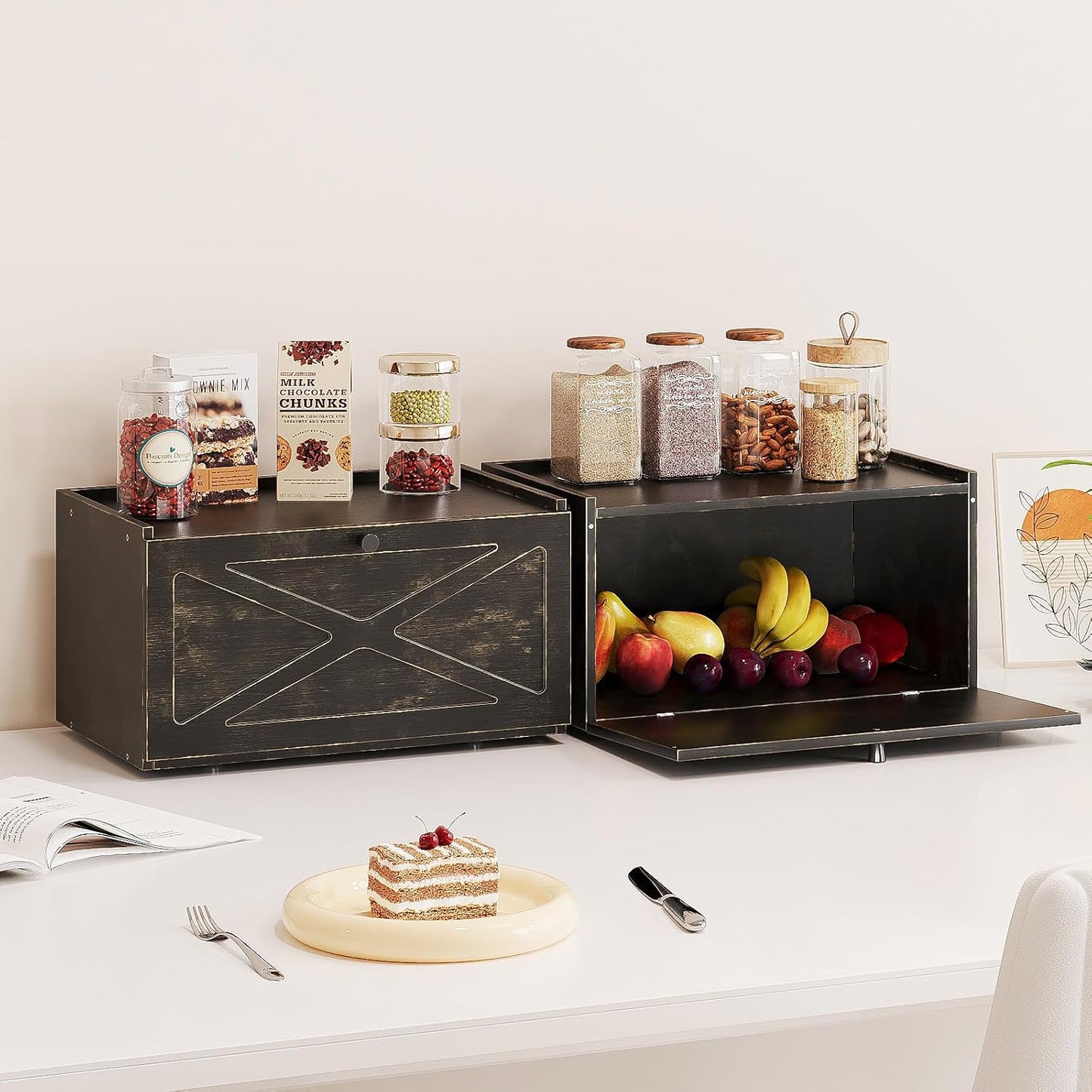 Bamboo Bread Box for Kitchen Counter Farmhouse Bread Storage Container Large Capacity Bread Storage Bin Bread Holder (Antique Back)