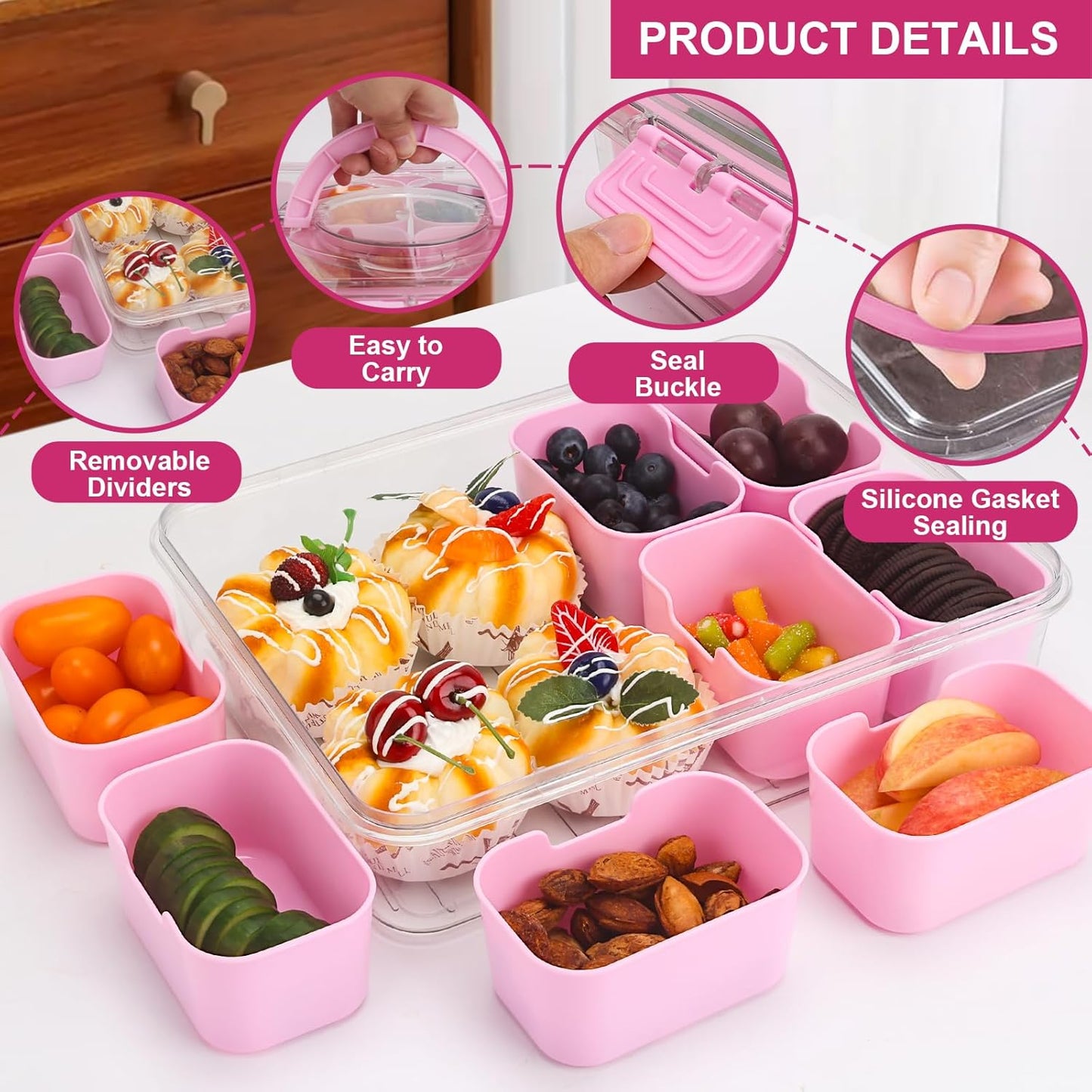 shopwithgreen Snackle Box Charcuterie Container, Divided Serving Tray with Lid and Handle for Party, Veggies, Fruits, Nuts, Food Tray Platter Snack Box Container for Entertaining, Picnic, Pink, 2pcs