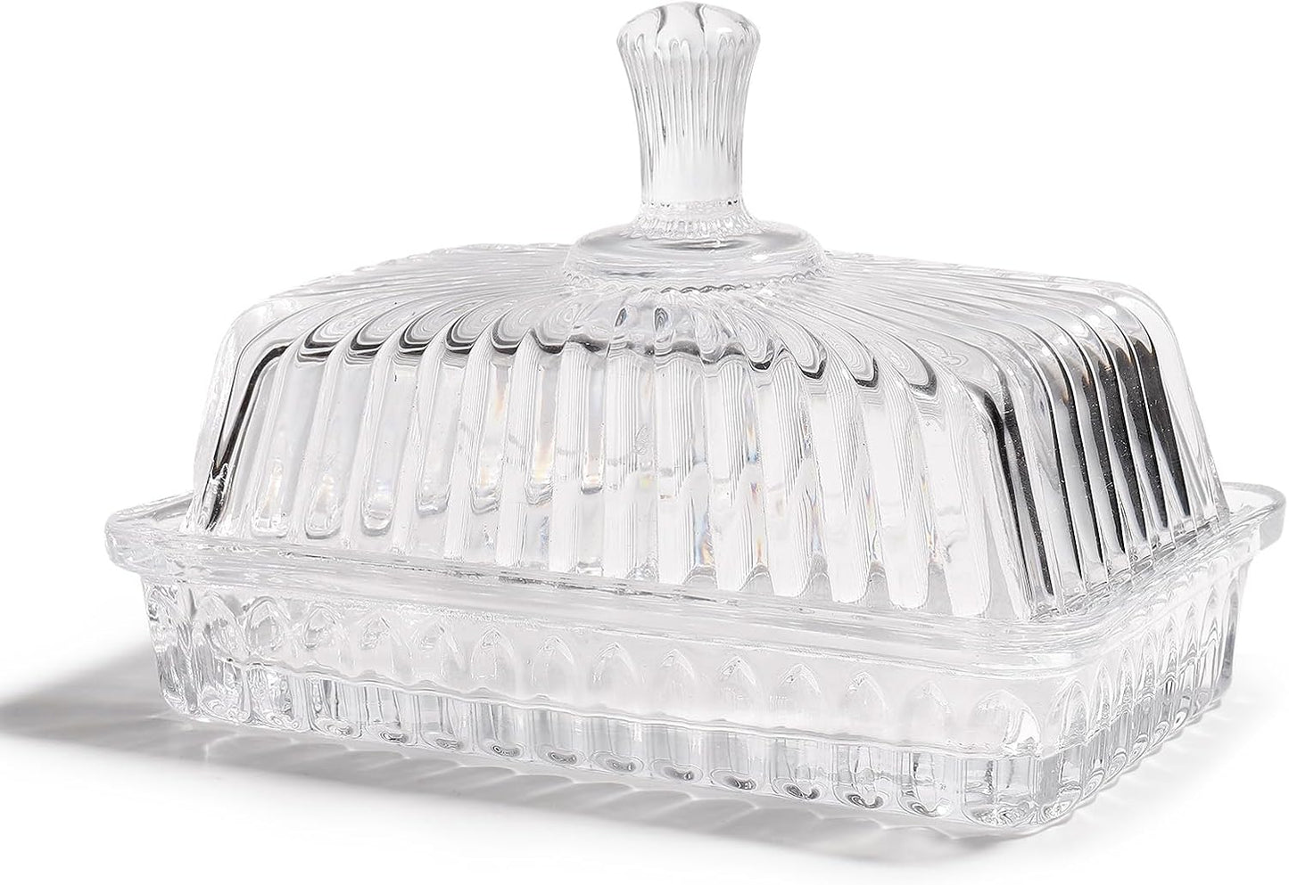 Wide Glass Butter Dish with Cover for Countertop,Vintage Crystal Butter Keeper for Counter,Covered Glass Butter Holder,Butter Holder for Refrigerator,Butter Tray with Two Stick 4oz Butter