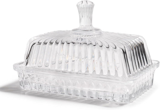 Wide Glass Butter Dish with Cover for Countertop,Vintage Crystal Butter Keeper for Counter,Covered Glass Butter Holder,Butter Holder for Refrigerator,Butter Tray with Two Stick 4oz Butter