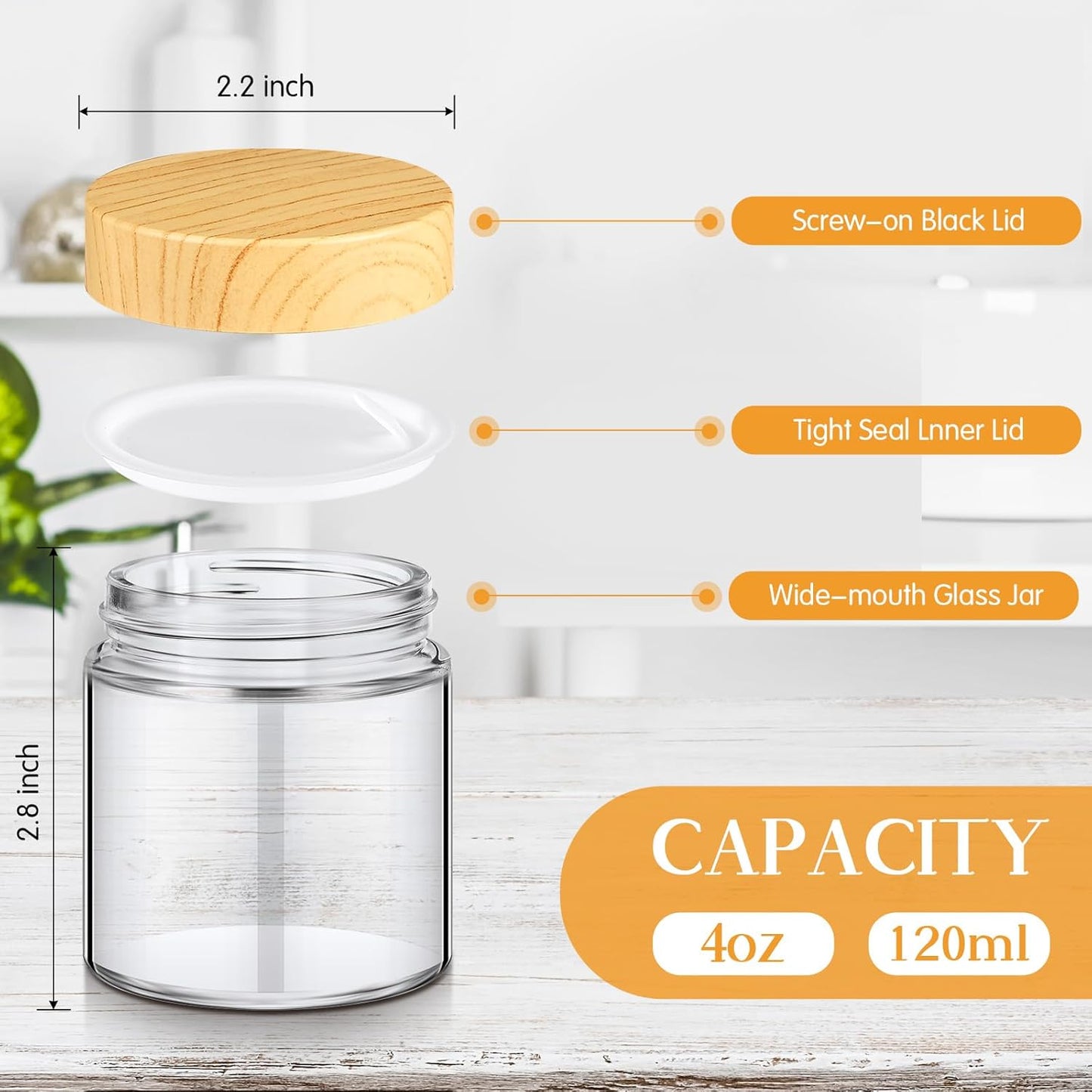 Norme 36 Pcs 4 oz Glass Jars with Lids Empty Small Glass Containers and Inner Liners Reusable Cosmetic Jars Round Airtight Bottles with Plastic Woodgrain Lids for Travel