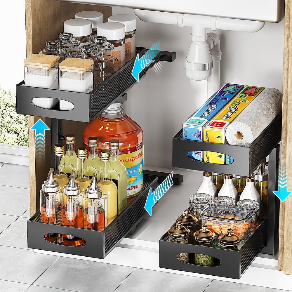 2-pack under sink organizer, 2-tier under sink organizer and storage, slide-out pull-out cabinet organizer with mesh metal sliding drawer for home kitchens, bathrooms, pantries (Black)
