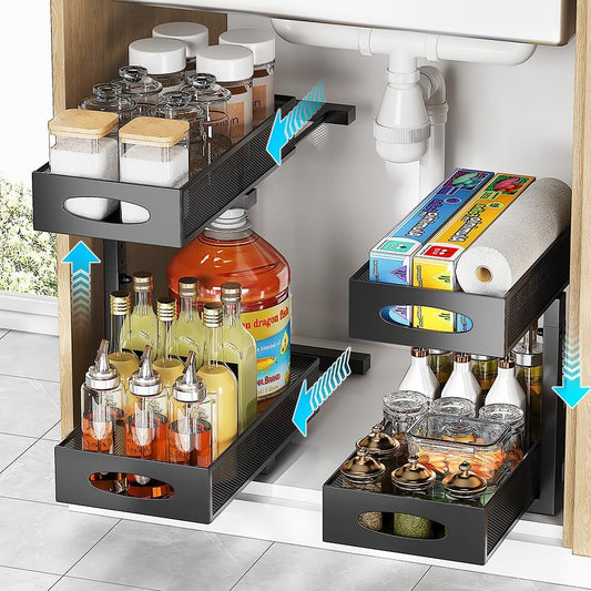 2-pack under sink organizer, 2-tier under sink organizer and storage, slide-out pull-out cabinet organizer with mesh metal sliding drawer for home kitchens, bathrooms, pantries (Black)