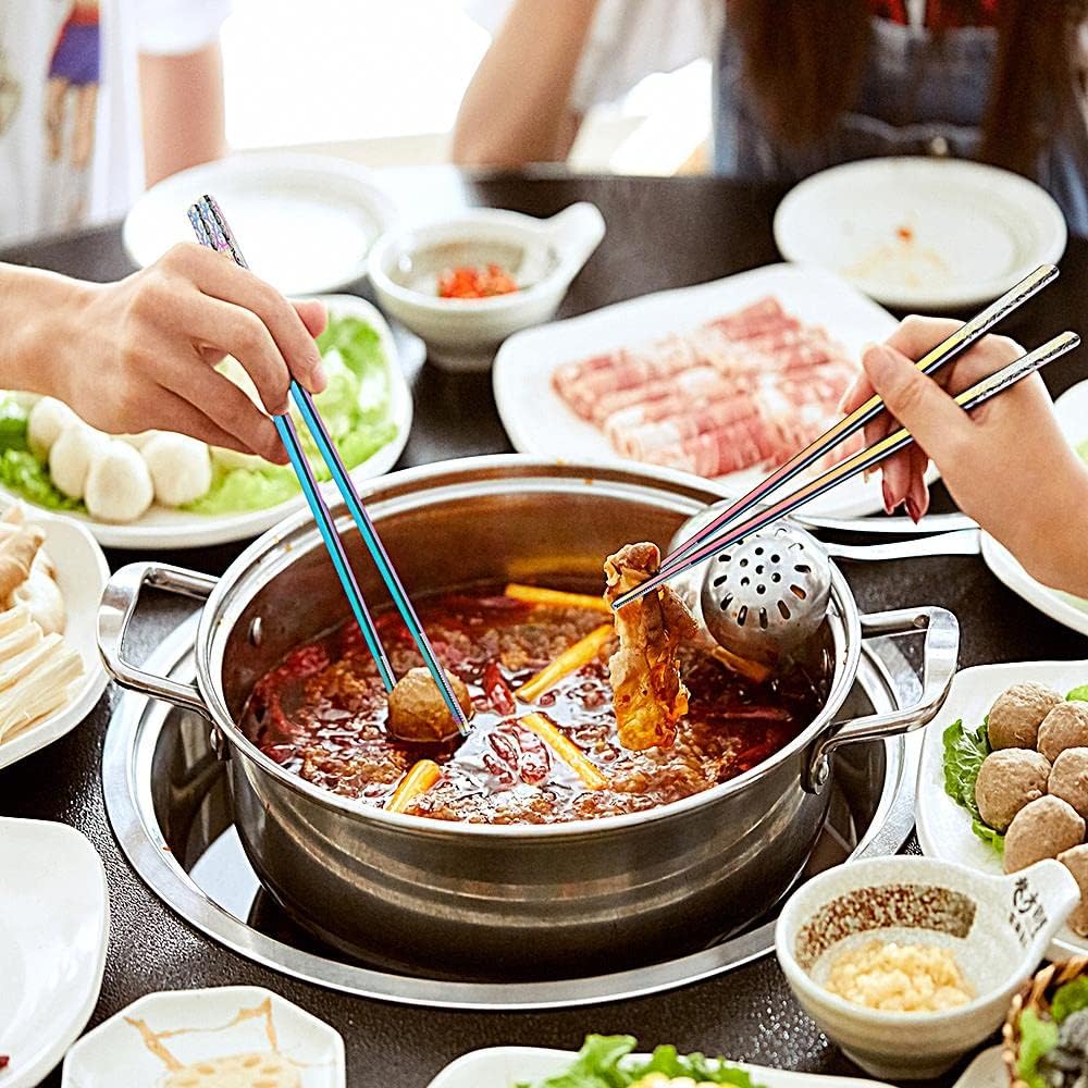 Metal Chopsticks Reusable Titanium Plated Stainless Steel Japanese Korean for Food & Cooking 9.5Inch Non-Slip for Beginners Square Laser 5 Pairs Gift Set