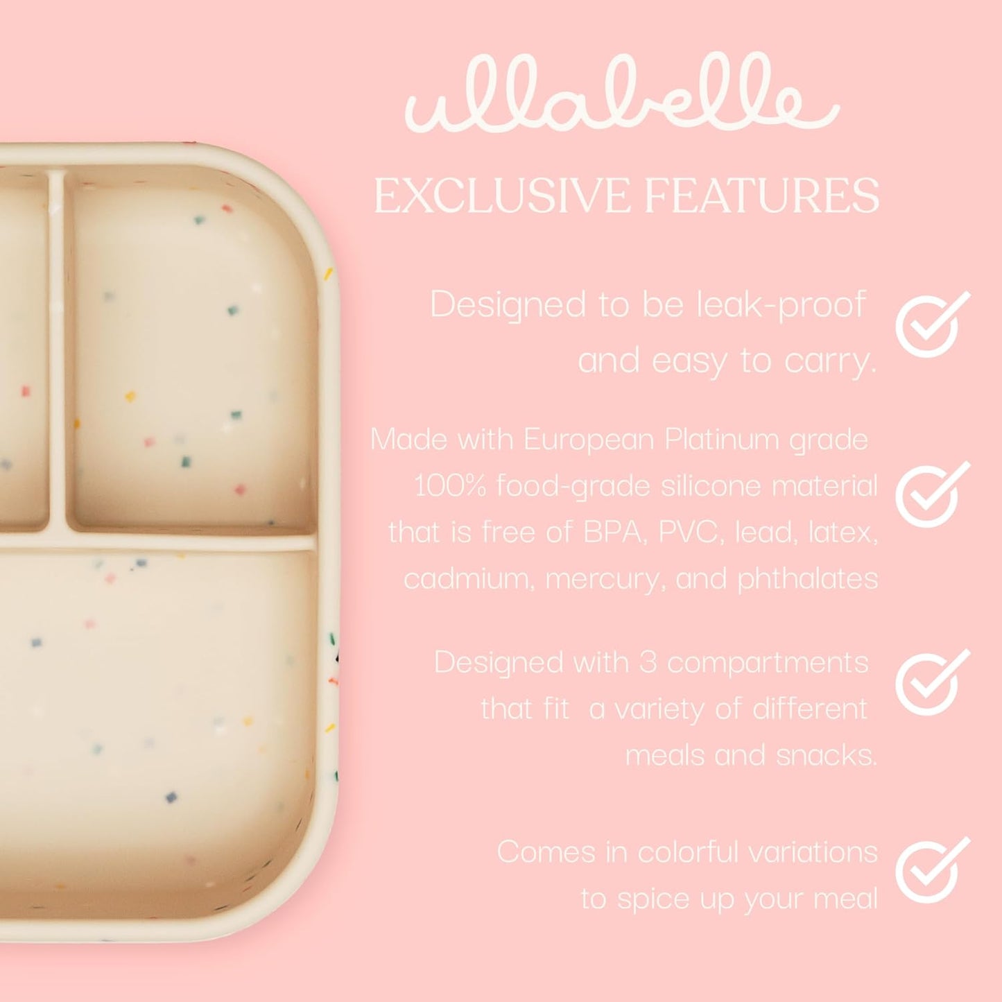 Ullabelle Leak Proof Bento Box Food-Grade Silicone Bento, BPA, Phthalate, Lead, & PVC Free - Bento Lunch Box for Daycare, Kids, & Adults - Leak Resistant Sets With Lids Snack Box Container (Peach)