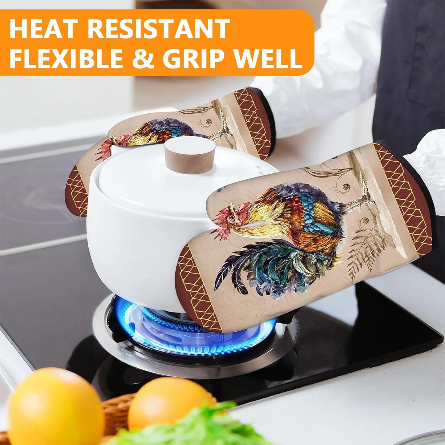 Rooster Oven Mitts and Pot Holders Sets 4Pcs,Extra Long Oven Gloves Potholder for Kitchen Cooking Baking BBQ 100% Cotton Heat Resistant