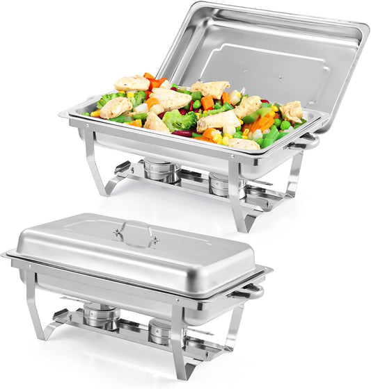 GarveeHome Chafing Dishes for Buffet 2 Pack, 8 Qt Stainless Steel Chafers and Buffet Warmers Sets With Lid, Rectangle Serving Food Warmer Catering Supplies Buffet Display for Parties, Silver
