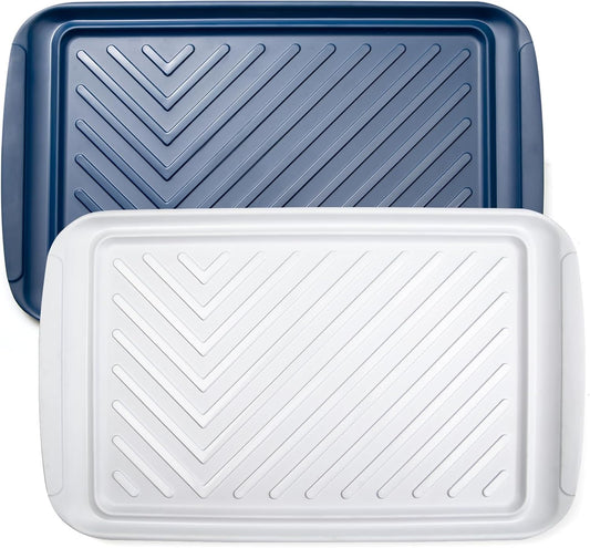 LEHAHA Grilling Prep and Serve Trays, Melamine BBQ Tray for Raw and Cooked Food, Food Serving Platter and plate for Outdoor Party,Large Melamine Serving Platter, Set of 2, 17.2 x 10.5'',Blue and White