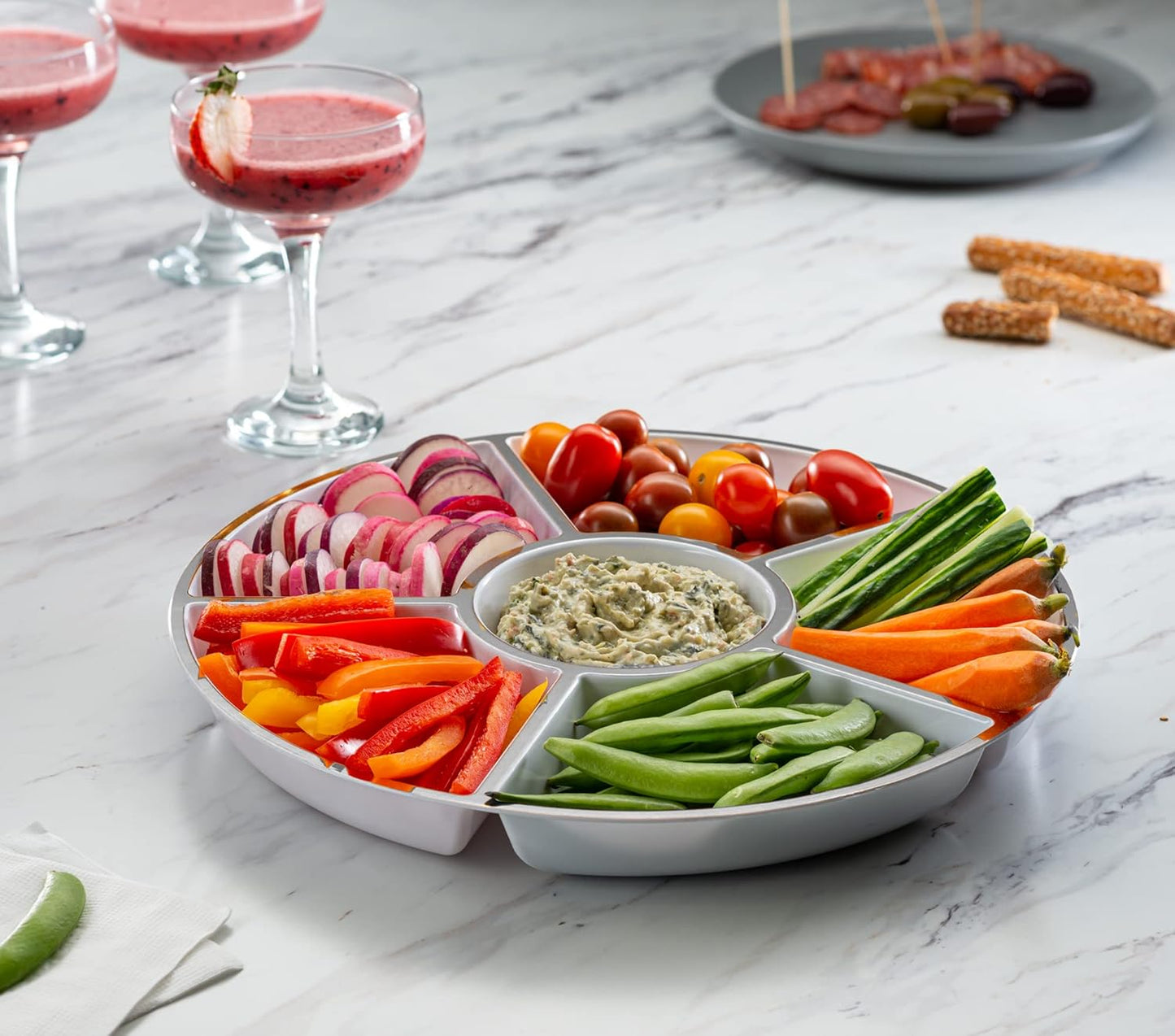 Plasticpro 6 Sectional Round Plastic Serving Tray/Platters White & Silver Pack of 4