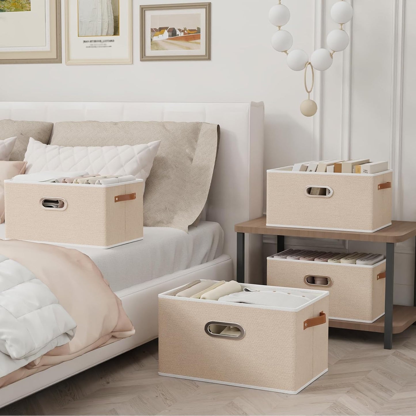 Yawinhe Foldable Storage Baskets for Shelves, Fabric Closet Organizers, Bins with 3 Handles, Cubes for Clothes, Beige, 15''Lx9.8''Wx8.3''H, 6-Pack