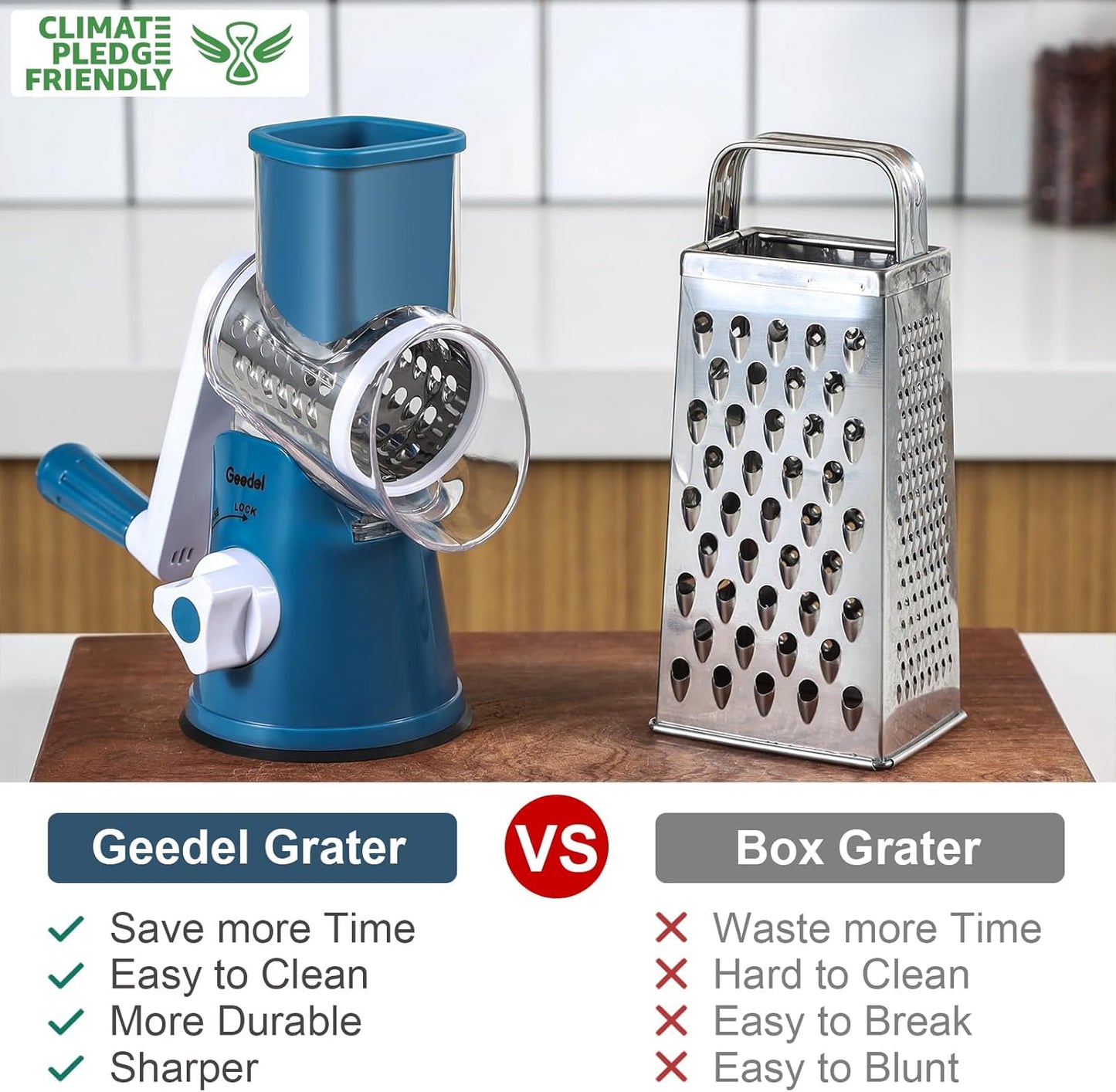 Geedel Rotary Cheese Grater, Kitchen Mandoline Vegetable Slicer with 3 Interchangeable Blades, Easy to Clean Rotary Grater Slicer for Fruit, Vegetables, Nuts