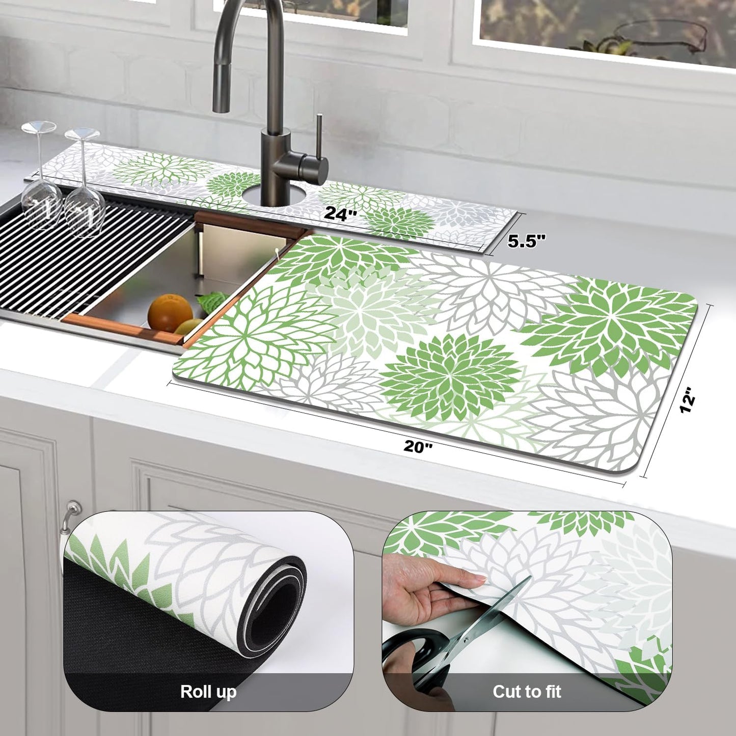 Findosom 2PCS 12" x 20" Dish Drying Mat & 24" x 5.5" Sink Splash Guard, Super Absorbent & Cuttable Dish Mat Drying Kitchen Mat with Green Floral, Hide Stain Drying Mat for Kitchen Counter