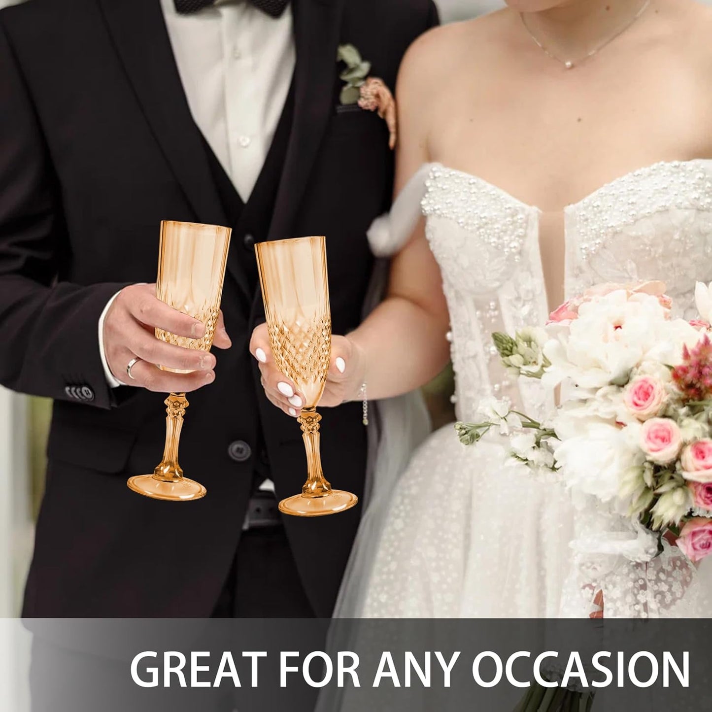 Plastic Champagne Flutes, 12PCS Gold Plastic Wine Glasses Goblets Reusable Champagne Flute for Weddings, Bachelor Parties, Toasting, and Events(12, Gold)