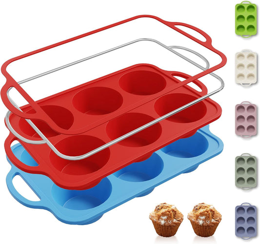 2 Packs 6 Cups Silicone Muffin Pan with Metal Reinforced Frame Jumbo Size Cupcake Pan Tray Egg Bites Cookie Molds Muffin Tin Tart Pans Moldes De Silicona Para Gelatina Hornear Flan Chocoflan
