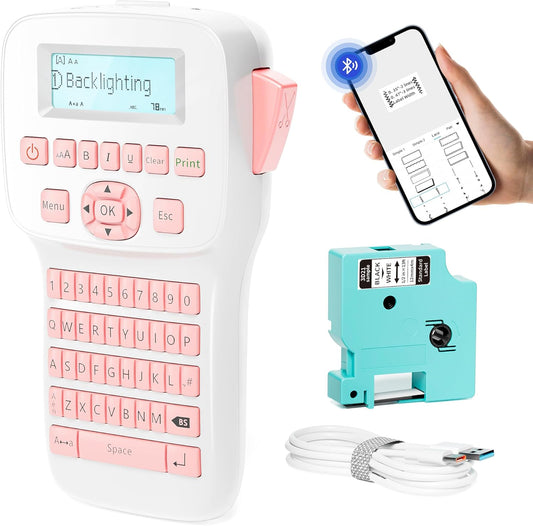 Pink Label Maker, Rechargeable Label Makers with Keyboard, Handheld Label Maker Machine with Bluetooth Backlit Large Display LM1600, Portable Labeler for Home & Office Organization School Kids