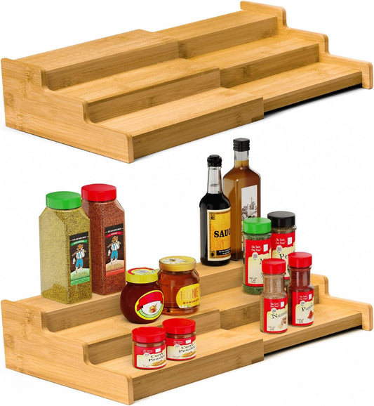 Spice Rack Organizer, 3 Tier Expandable Bamboo Spice Rack Organizer, Great for Kitchen Cabinet, Cupboard, Pantry and More-Bamboo(2pack)