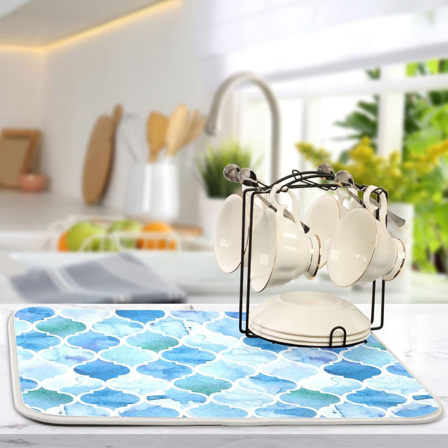 Senya Super Absorbent Dish Drying Mat, Microfiber Fast-Drying Dish Mat, 16/ x 18/ , Kitchen Dish Drying Pad, Watercolour Moroccan Background