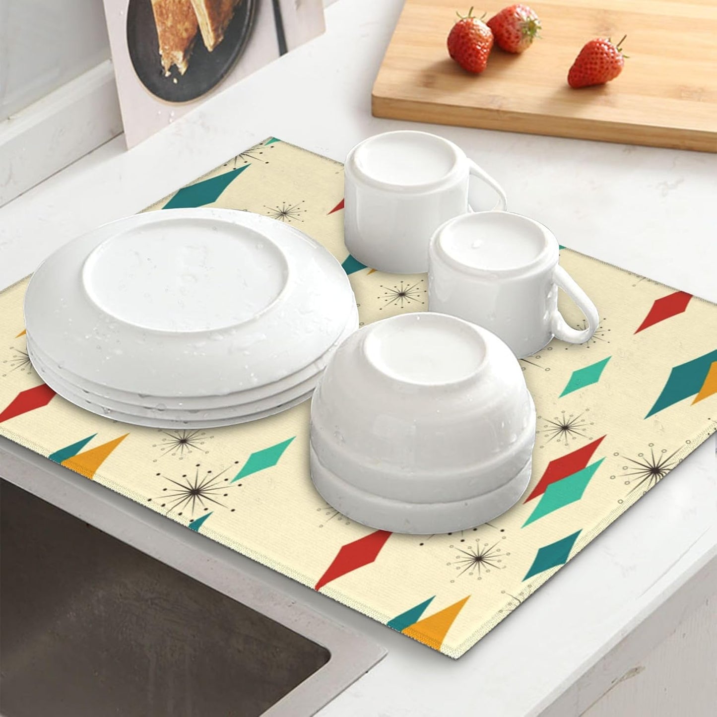 Mid Century Modern Dish Drying Mat for Kitchen Counter Atomic Retro Dish Drainer Rack Mats 16"x18" Absorbent Reversible Yellow Drying Pad