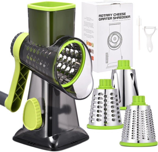 Rotary Cheese Grater Hand Crank Cheese Shredder Vegetable Mandoline Slicer for Kitchen 3 in 1 Changeable Blades for Cheese Potato Nuts Chocolate Ice (Green TSP)