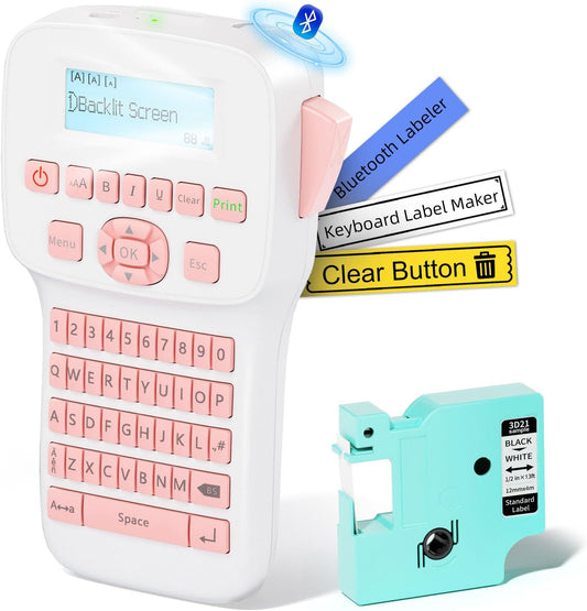 Pink Label Maker Machine with-Tape, Rechargeable Label Maker with Keyboard, Bluetooth Labeler Machine LM1600, Backlit Display, Multiple Symbol Icon Style Templates for Home Office Use