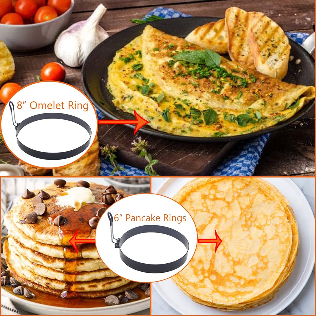 Stainless Steel Egg Rings - 8 Pack, 8" Omelet, 6" Pancake, 4" & 3.5" Egg Muffin Rings with Oil Brush & Separator
