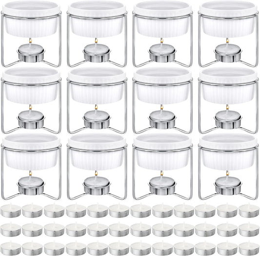 60 Pcs Ceramic Butter Warmers Set, Include 12 Butter Warmers for Seafood Melter with Stands, 48 Tea Light Candles Food Warmer Candle for Fondue Chocolate Dishwasher Microwave Oven Safe