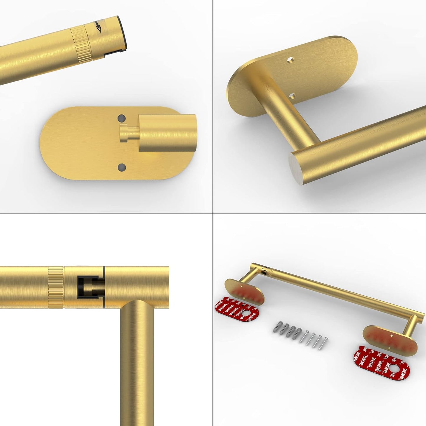 Ruacq Brushed Gold Paper Towel Holder Double Post Pivoting Round Base Under Cabinet Paper Towel Holder for Kitchen Self-Adhesive or Drill mounting