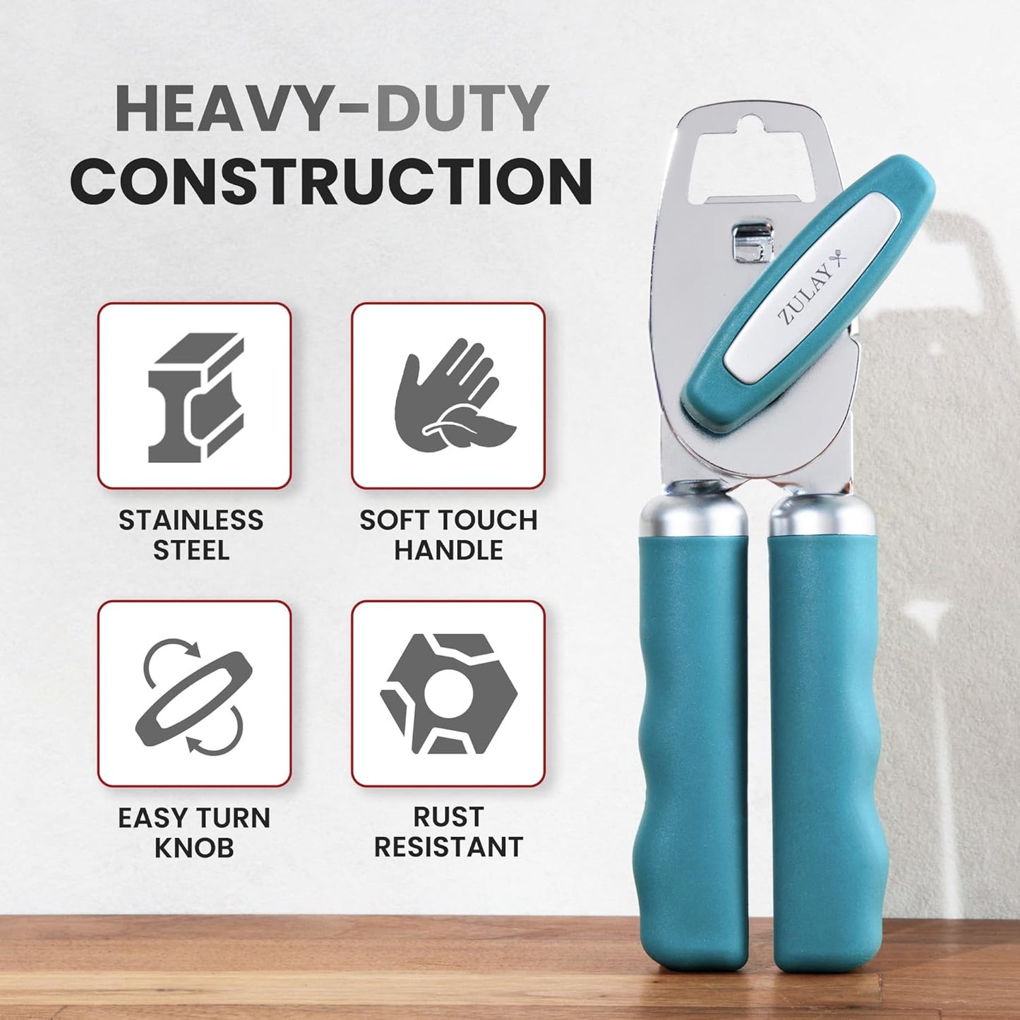 Zulay Kitchen Heavy Duty Stainless Steel Can Opener Manual with Bottle Opener - Rust Proof Manual Can Opener With Turn Knob & Comfy Soft Grip Handles - Dusty Blue